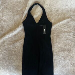 Fashion Nova Black One-Shoulder Ribbed Halter Dress